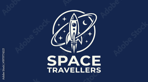 Space Travellers Logo - A Rocket Ship in Orbit, Representing Space Exploration and Travel.