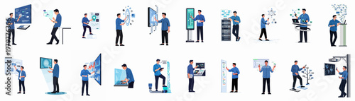 Vector illustration set of a professional man interacting with futuristic technology, data visualizations, and IT infrastructure for business and digital transformation concepts.
