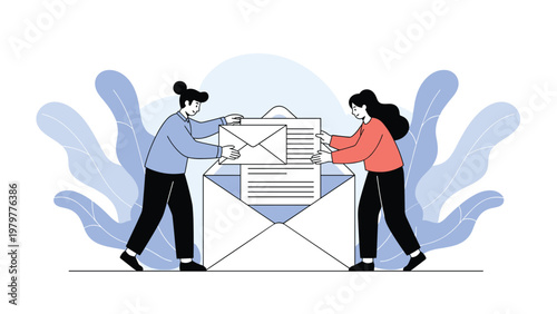 Two women putting large paper letter into blue envelope for traditional mail communication and delivery.