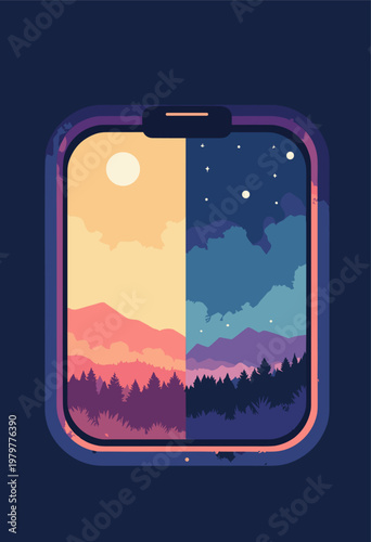 minimalist isometric view single train window landscape passing transitions smoothly from bright geometric daylight left to deep, glowing starry night right Passage time concept No text