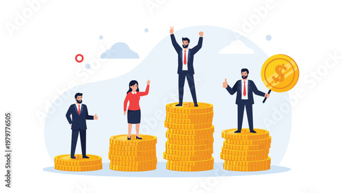 Business success concept with people standing on stacks of gold coins representing different levels of profit.