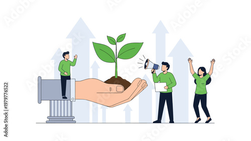 Team of business people celebrating growth as hand holds seedling plant with upward arrows in background.