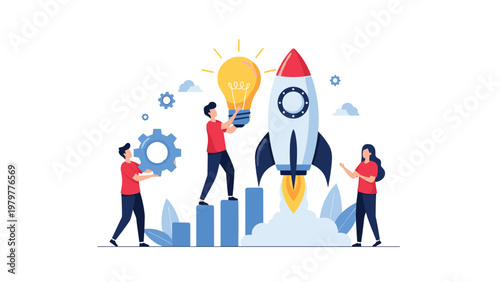Business startup and innovation concept with team building rocket and large lightbulb for creative ideas.