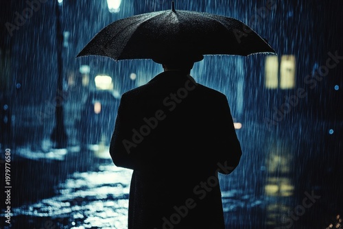 Silhouette of Person with Umbrella Walking in Heavy Rain at Night