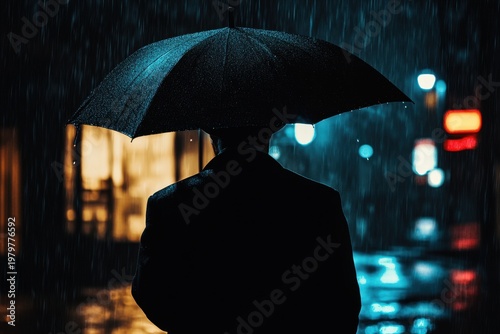 Silhouette of Person with Umbrella Walking in Rain at Night