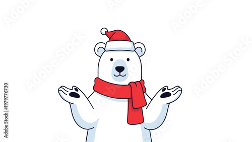 Cute polar bear wearing red Santa hat and scarf with arms open wide for warm winter holiday welcome.