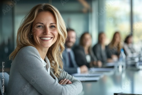 Confident Professional Businesswoman Smiling in Modern Office Meeting