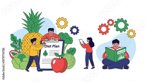 Nutrition and healthy lifestyle concept with people planning diet around large fresh vegetables and fruits.