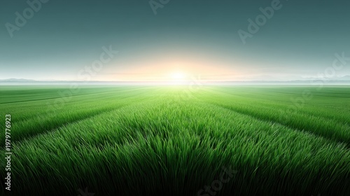 Lush Green Fields Under a Calm Sky with Rising Sunlight in the Background, Showcasing Nature's Beauty and Tranquility at Dawn