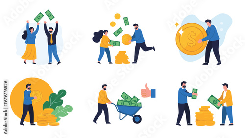 Various financial scenarios showing people earning saving and managing money with coins and cash.