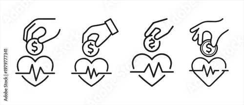 Healthcare costs concept, hand dropping coin with dollar sign into heart and electrocardiogram line.