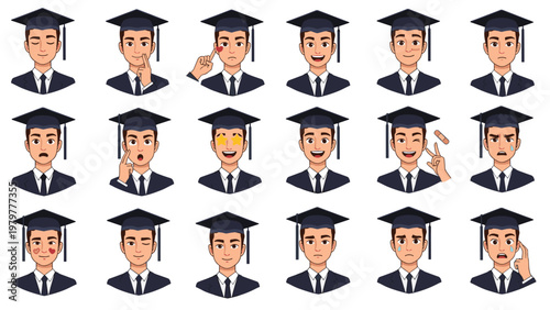 Set of various facial expressions for a male graduate character wearing a mortarboard and gown to illustrate different emotions and reactions.