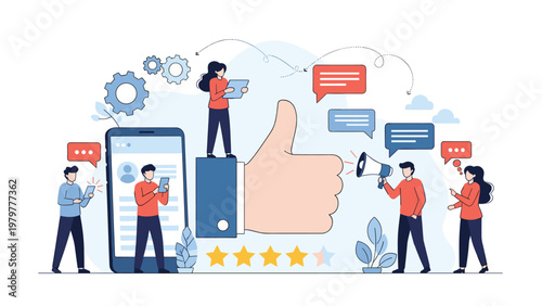 Group of active users interact with social media icons and a giant thumbs up symbol to represent digital marketing and customer feedback engagement.