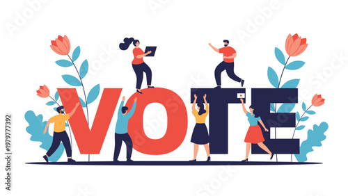 Group of engaged citizens works together to build the word vote with large red and blue letters to encourage civic participation and democracy.