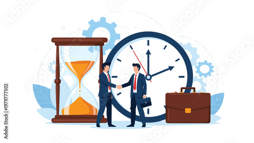 Two professional businessmen shake hands in front of a giant clock and hourglass to symbolize the importance of timing and punctuality in deals.