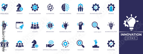 Innovation solid icon set. Containing idea, concept, leadership, invention, startup, creativity, agile, solution, process and more. Solid icon collection.
