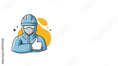 Industrial worker wearing a protective blue suit and a face mask gives a thumbs up gesture to show compliance with safety and health standards.
