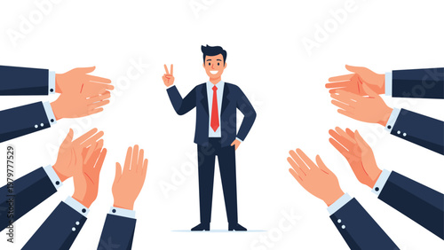 Confident businessman receives a standing ovation and applause from many hands while making a peace sign to celebrate his career achievements.