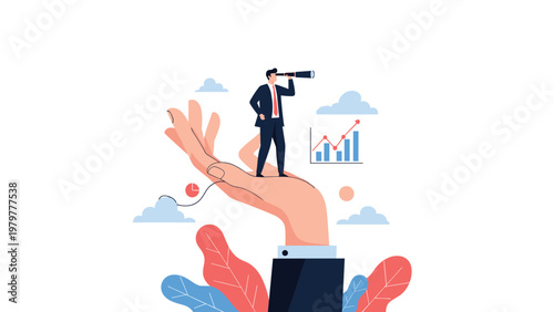 Visionary businessman stands on a giant hand and looks through a telescope to observe growth charts and identify future market opportunities.