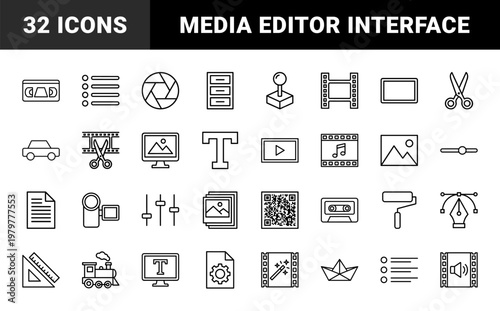 Video editing and multimedia line icon set