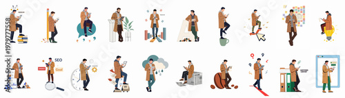 Comprehensive collection of illustrations featuring a male professional using a digital tablet for various marketing, SEO, and content creation tasks.