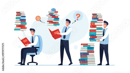 Group of male students or librarians carrying and reading large stacks of colorful books to represent education, learning, and academic research.