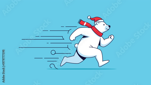 Energetic polar bear wearing a Santa hat and a red scarf runs at high speed to represent the holiday rush and fast seasonal gift delivery.