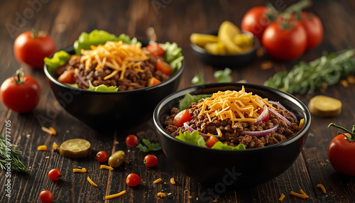 Two black bowls of taco salad with ground beef, cheese, and vegetables on a wooden table
