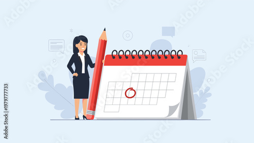 Professional businesswoman in a black suit holds a giant red pencil next to a desktop calendar to mark important deadlines and project dates.