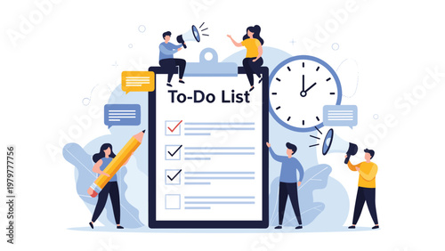 Collaborative group of workers uses megaphones and a giant pencil to manage a to-do list and clock to show high efficiency and team coordination.