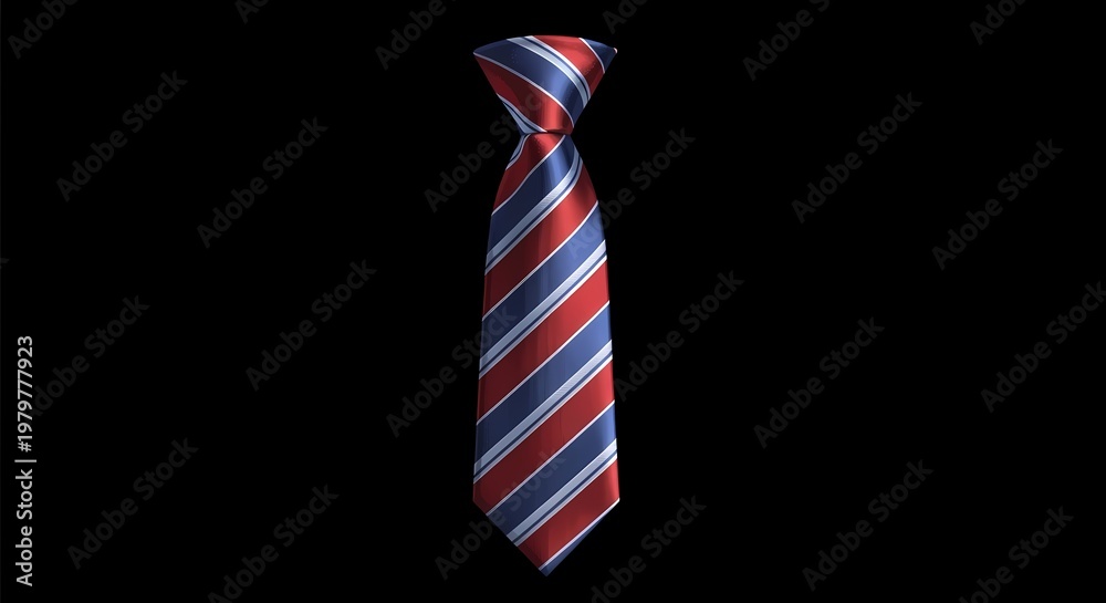 Obraz premium A classic striped necktie with a knot, featuring alternating diagonal stripes of deep red and navy blue on a black background