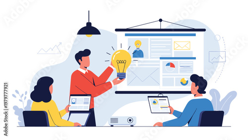 Group of colleagues collaborating on a business project involving creative ideas shown as a bright yellow glowing lightbulb.