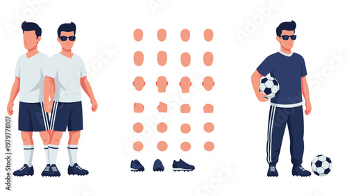 Soccer player character creation kit featuring multiple head options, hand gestures, and body poses for a versatile athlete.