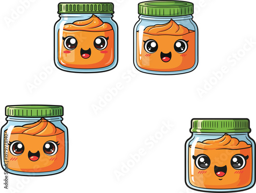 Cute Kawaii Baby Food Glass Jars With Orange Puree Vector Illustration Set For Healthy Nutrition And Child Feeding Concepts