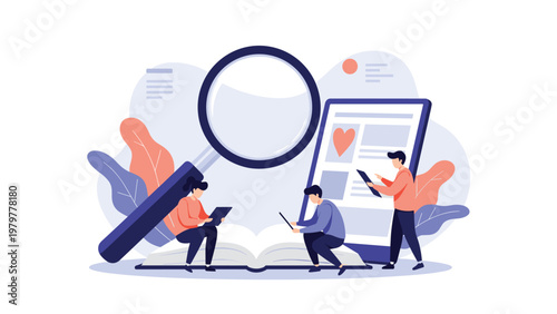 Young people reading an open book and using mobile devices around a giant magnifying glass to represent research and learning.