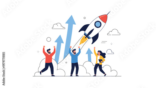 Team of motivated coworkers cheering and jumping with joy as a space rocket takes off symbolizing a successful startup launch.