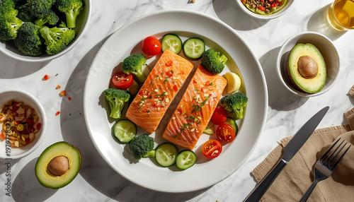 A delicious salmon fillet with vegetables and avocado on a white plate