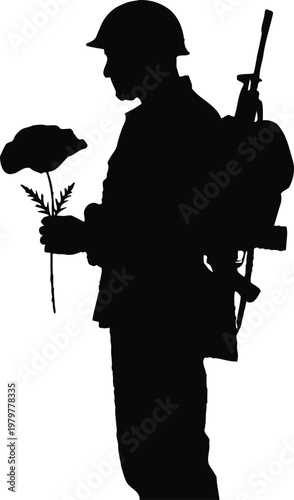 Memorial day remembrance silhouette of soldier with flower honoring fallen heroes