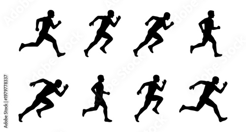 Running man silhouette set, sprinting athlete vector icons, 8 jogging figures collection