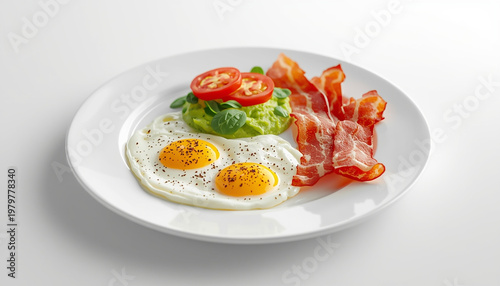 A delicious breakfast plate with eggs, bacon, and avocado on a white background