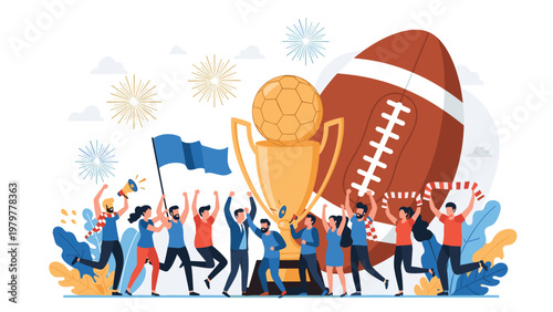 Diverse crowd of sports fans celebrating a victory in front of a giant football, soccer ball, and a large golden trophy cup.