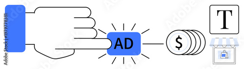 Online marketing, monetization, digital commerce, creative content, ad revenue, business tools. Hand pressing ad button connected to money and storefront. Online marketing and monetization methods
