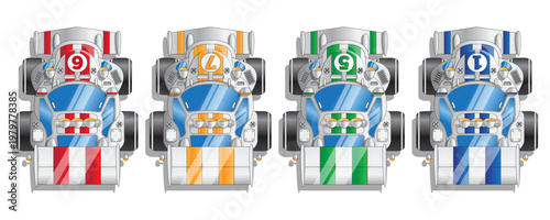 Set of racing cars. Prototype. View from above. Isolated on white background. Vector illustration. 