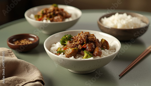 A delicious bowl of stir-fried meat and vegetables served over white rice
