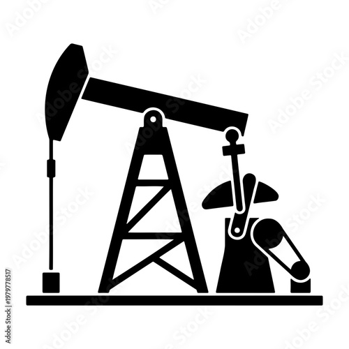 Industrial oil pump jack vector icon, black petroleum derrick, fuel extraction rig