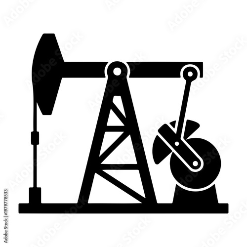 Industrial oil pump jack vector, black petroleum derrick icon, fuel extraction equipment