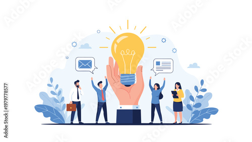 Creative business team celebrating together around a giant human hand holding a large glowing yellow lightbulb for an idea.