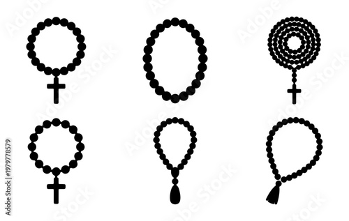 Religious rosary beads icon set, 6 prayer necklace vectors, black christian cross symbols