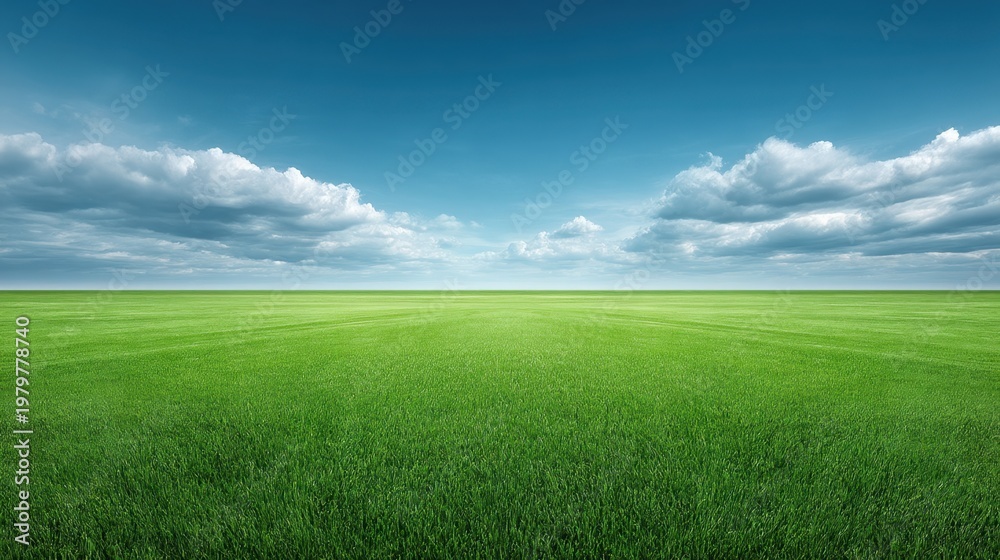 Obraz premium Expansive Green Field Under Bright Blue Sky with Fluffy White Clouds and Gentle Horizon Line Captured on a Sunny Day