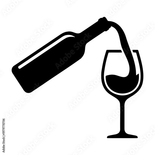 Minimalist wine pouring icon, black wine bottle and glass vector, sommelier logo design